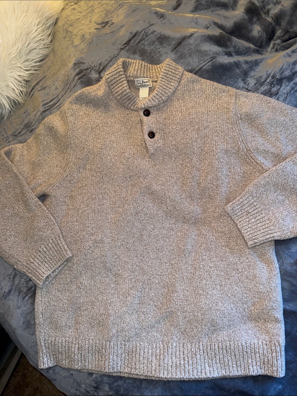 L.L. Bean Men's Taupe Crewneck Henley Sweater with Button Placket